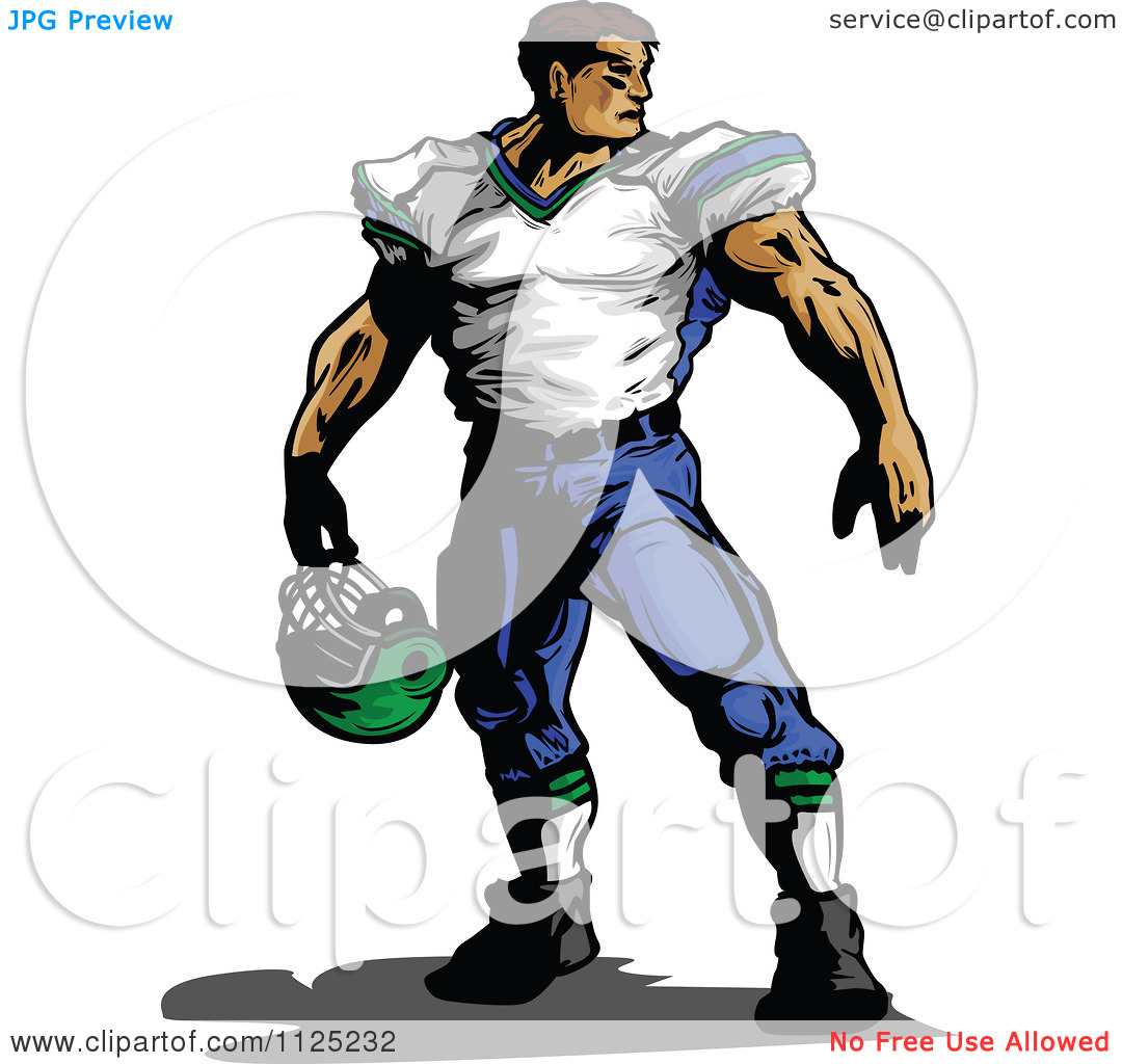 Clipart Of A Strong Muscular Male Football Player Holding His Helmet