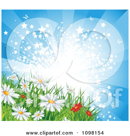 Clipart Starry Sunburst Over Spring Or Summer Daisy Flowers In A    