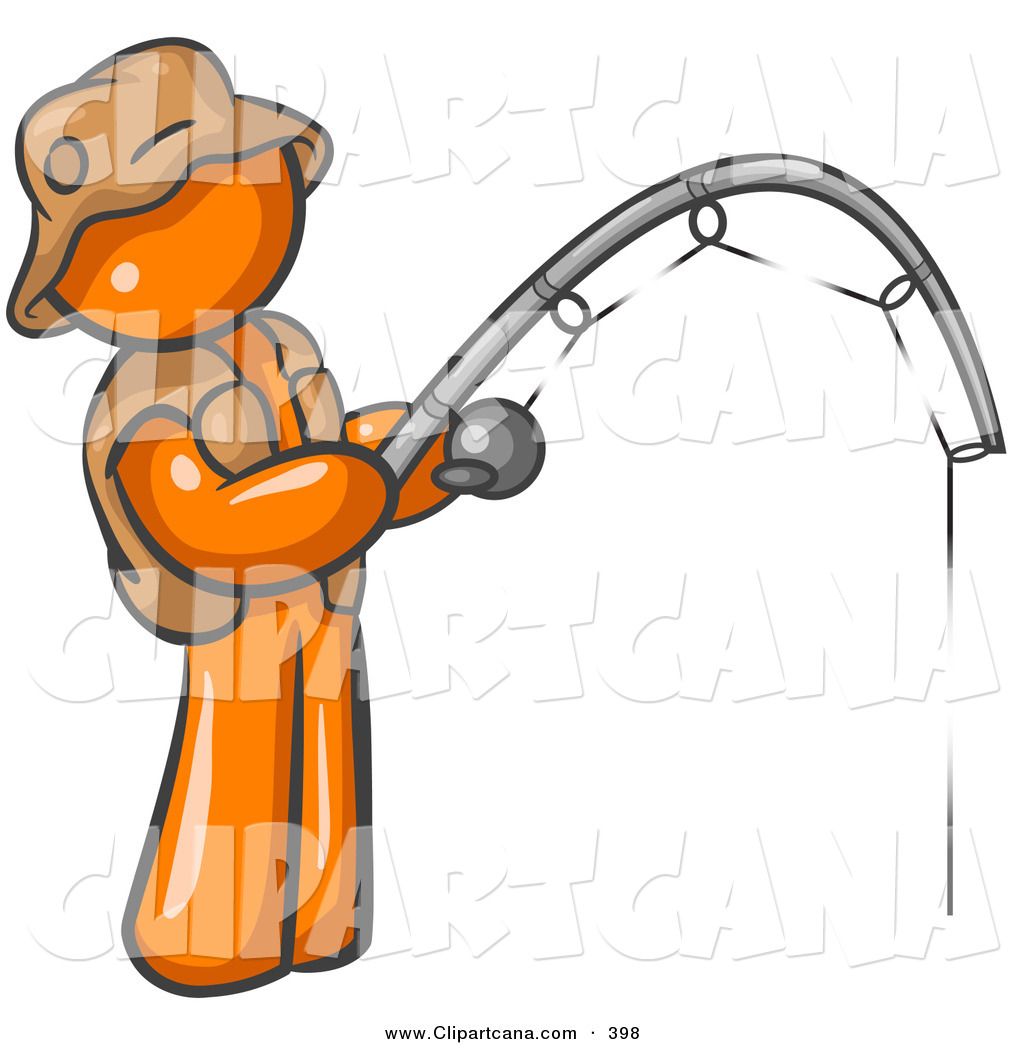     Sporty Orange Man Wearing A Hat And Vest And Holding A Fishing Pole