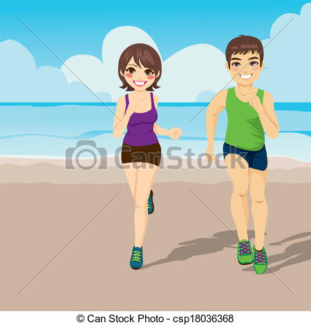 Vector   Jogging Couple Running On Beach   Stock Illustration Royalty