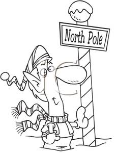 Black And White Christmas Elf By A North Pole Sign   Royalty Free    