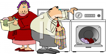 Cartoon Couple Doing The Laundry In A Washer And Dryer At Home    
