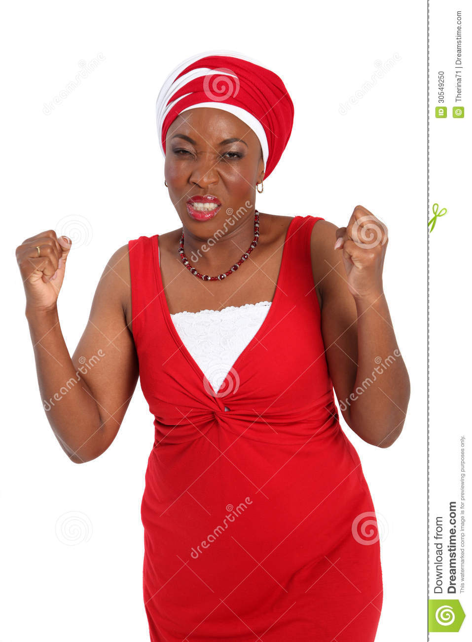 Frustratedafrican Woman Wearing A Red Dress And Fitting Headscarf