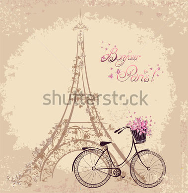 Testo Di Bonjour Paris Con Torre Eiffel E Bicicletta  Cartolina