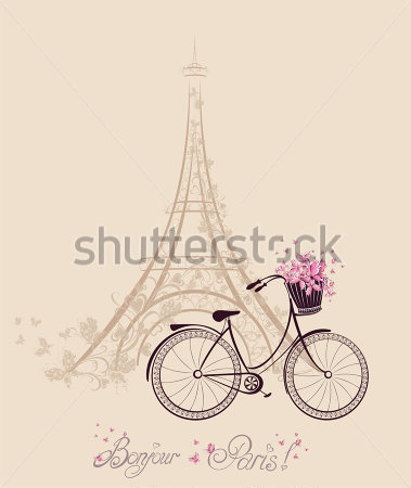 Texto Bonjour Paris Con La Torre Eiffel Y Bicicleta  Postal Rom Ntica