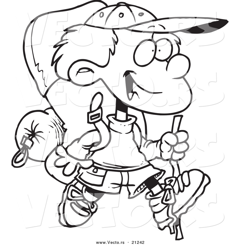 Vector Of A Cartoon Hiking Boy With Camping Gear   Coloring Page    
