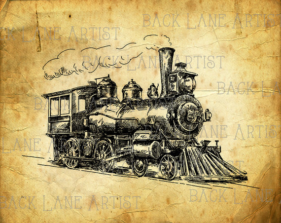 Vintage Locomotive Train Vehicle Clipart Lineart Illustration Instant