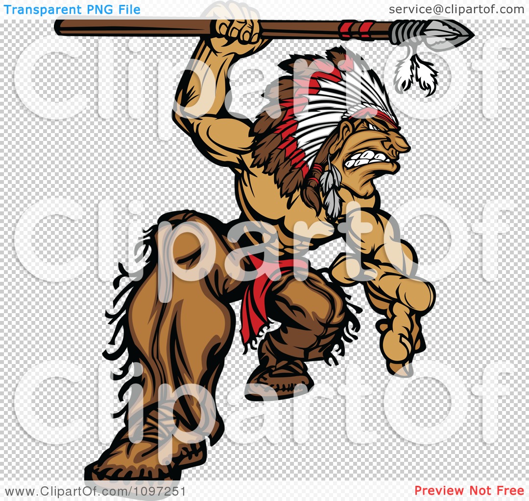 Clipart Muscular Native American Brave Chief Mascot Crouching With A