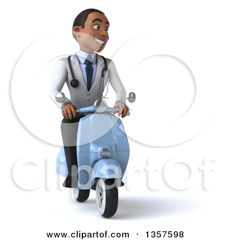Clipart Of A 3d Young Black Male Doctor Riding A Blue Scooter On A    