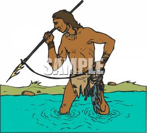Native American Wading In The Water With A Spear To Fish Clipart