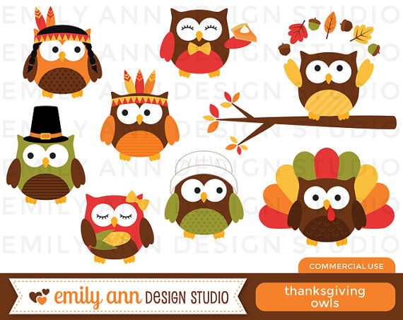 Thanksgiving Owls Turkey Pilgrims Native Americans Pumpkin Pie Corn    