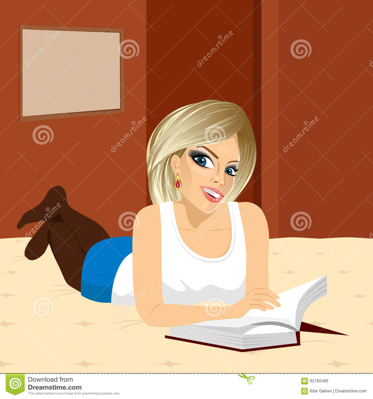 Attractive Blonde Girl Reading Book Lying Down On Bed In Her Bedroom