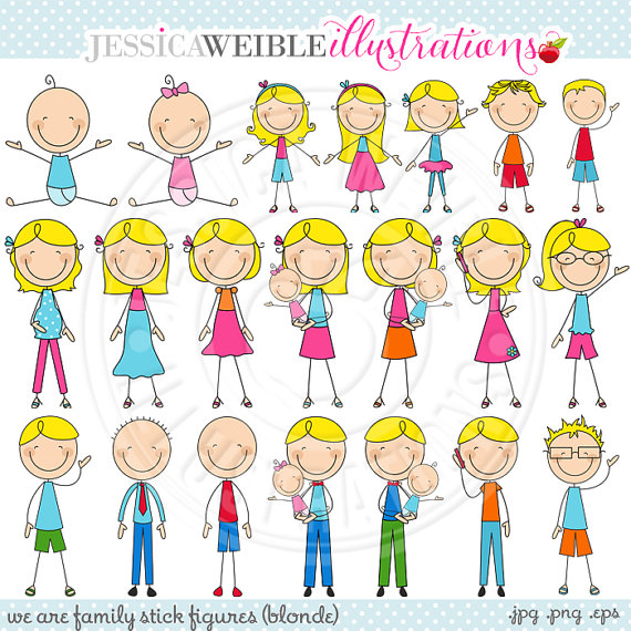 Blonde We Are Family Stick Figures Cute Digital Clip Art   Commercial