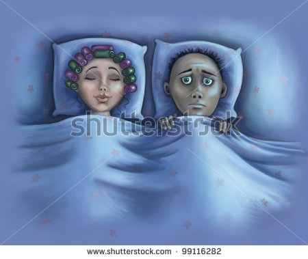 Cannot Fall Asleep While His Wife Is Sleeping Soundly    Stock Photo