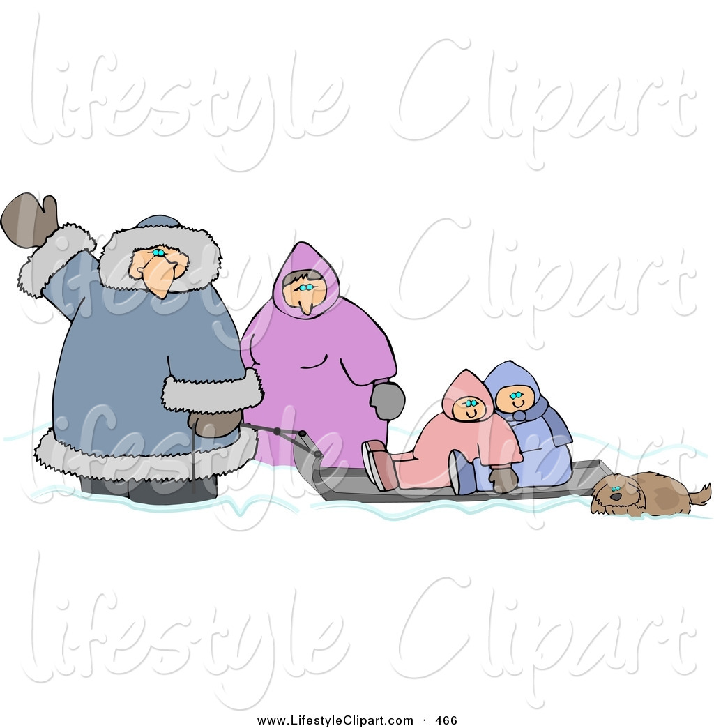 Clipart Of A Winter Family Traveling With Their Pet Dog And A Sled