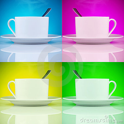 Coffee Cups In Magenta Cyan Yellow And Green Background Colors