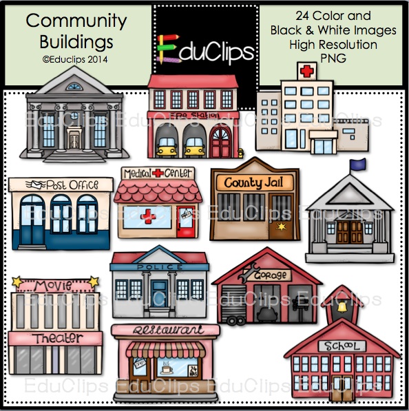 Home   Products   Community Buildings Clip Art Bundle  Color And B W