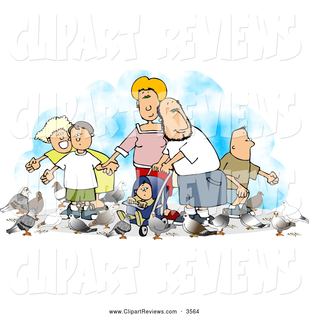 Larger Preview  Clip Art Of A Happy Family Of Five Feeding Pigeons By