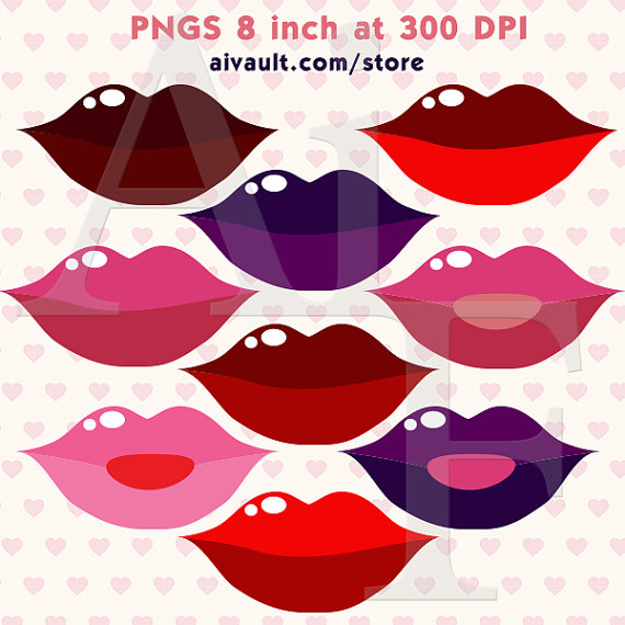 Lips Clipart  Multicolored Glossy Puckered Lips Clipart  Digital