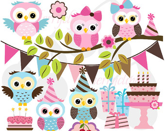 Pink Brown And Blue Cute Owls Birth Day Digital Clipart Set For