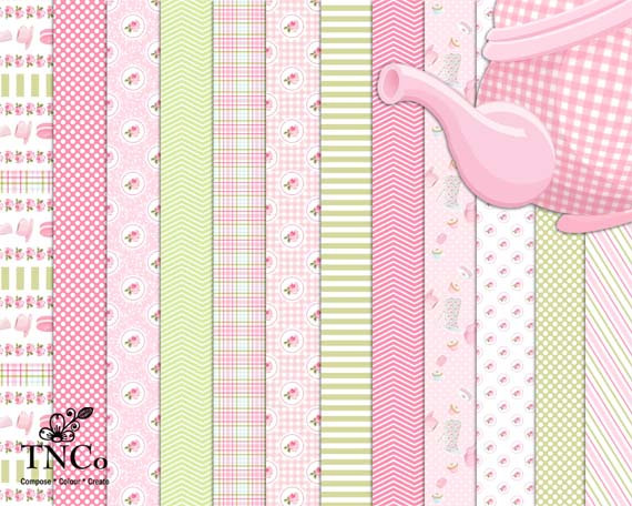Pretty Digital Papers Teapot Clipart Pink Patterned Paper Green    