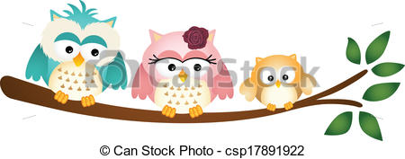 Vector   Happy Owl Family On Tree Branch   Stock Illustration Royalty