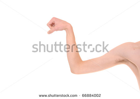Weak White Caucasian Skinny Arm Trying To Flex His Muscles Isolated