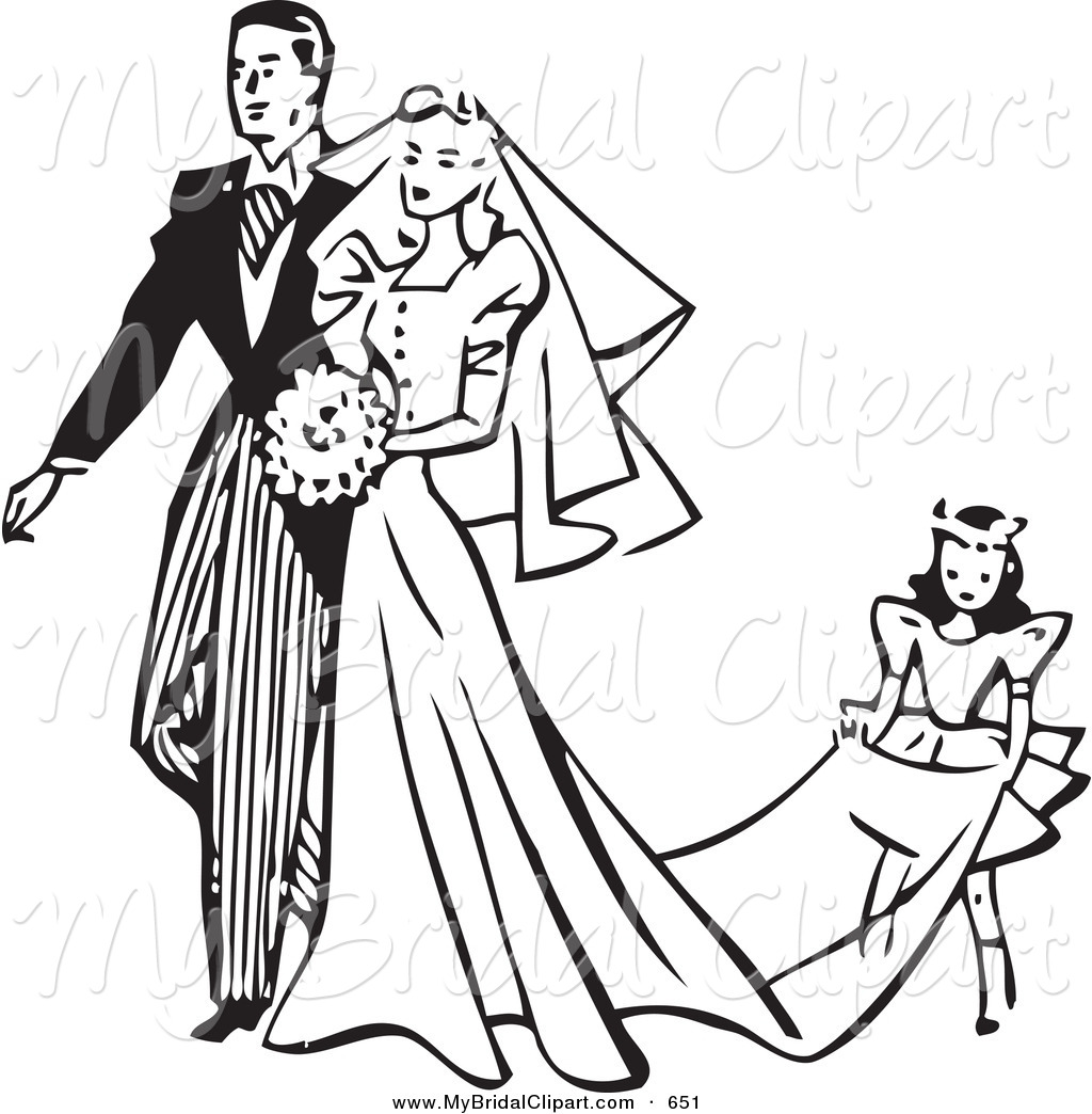 Bridal Clipart Of A Retro Black And White Outline Girl Carrying The