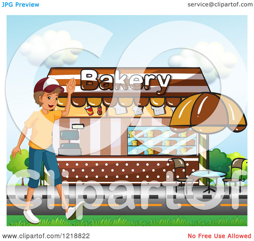 Cartoon Of A Teen Guy Waving By A Bakery   Royalty Free Vector Clipart    