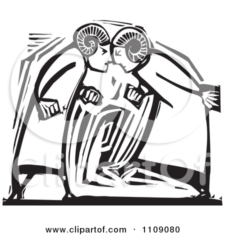 Clipart Two Ram Headed Men Butting Heads Black And White Woodcut