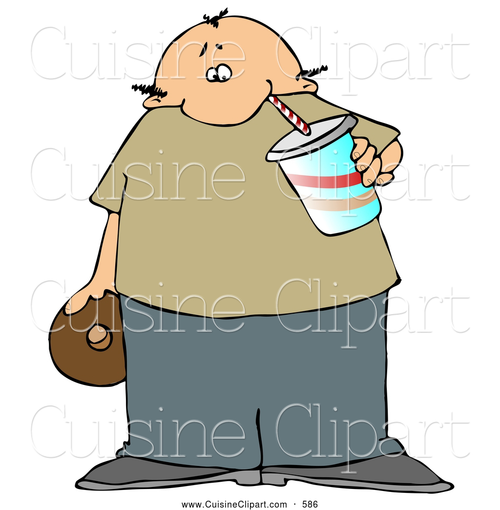 Cuisine Clipart Of A Chubby Bald Man Drinking Soda And Eating A    