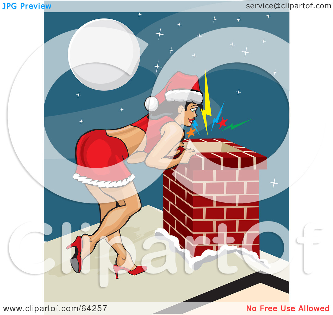 Pinup Woman In A Santa Suit Dress Peeking Down A Chimney By David Rey