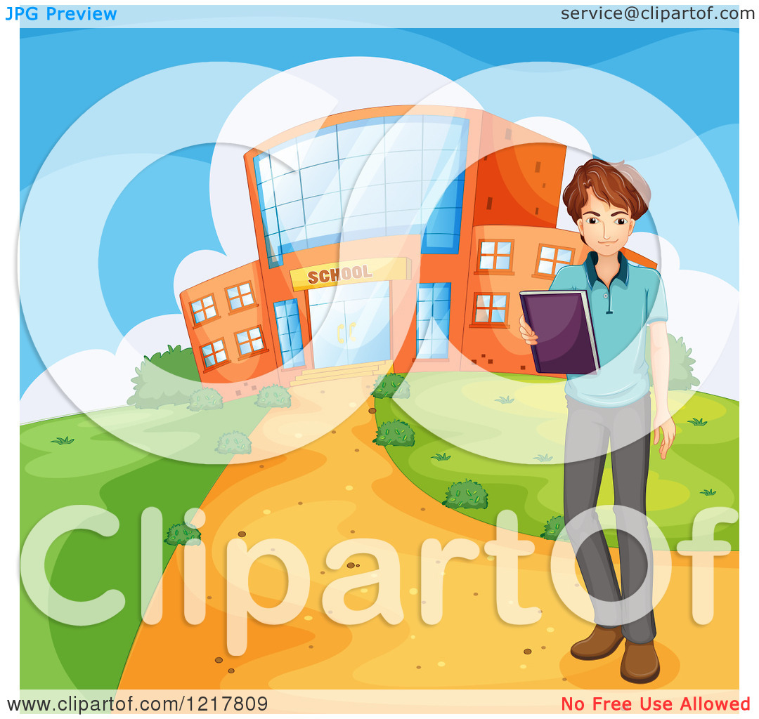     Teen Guy Student By A School Buildling   Royalty Free Vector Clipart