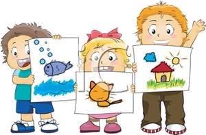 Three Children Displaying Their Artwork   Royalty Free Clipart Picture