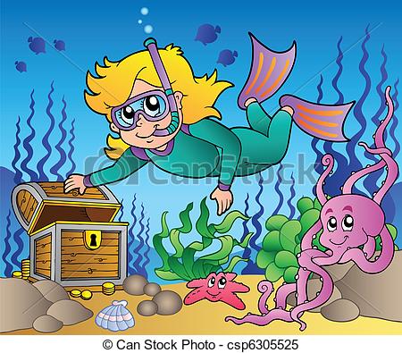 Vector   Girl Snorkel Diver Exploring Sea   Stock Illustration