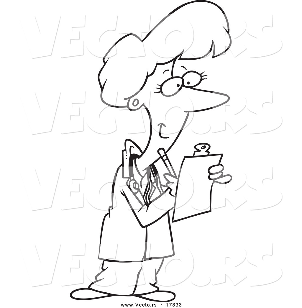 Vector Of A Cartoon Female Doctor Taking Notes   Outlined Coloring