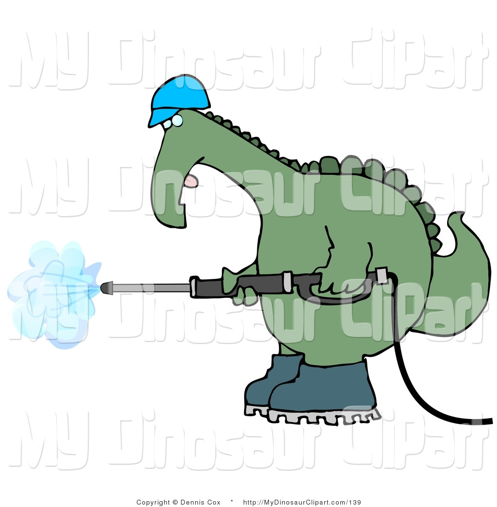 Clipart Of A Big Green Dinosaur In A Hard Hat And Boots Operating A