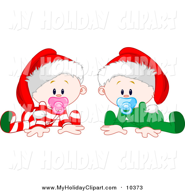 Of A Twin Caucasian Baby Boy And Girl In Christmas Pajamas And Hats