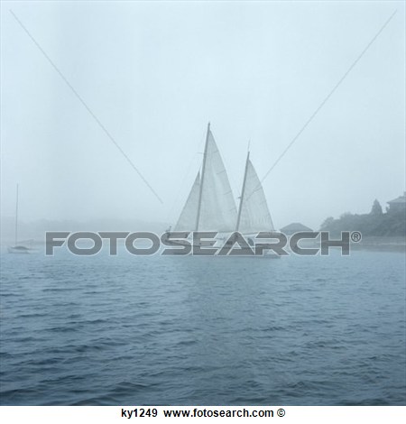 Stock Photograph Of Sailboat In Fog Mist Cape Cod Massachusetts
