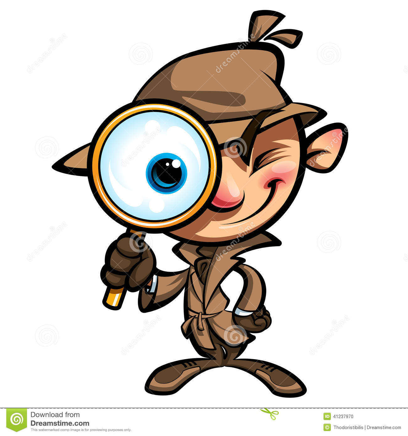 Cartoon Cute Detective Investigate With Brown Coat And Eye Glass Stock