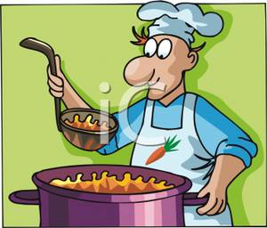 Chef Cooking Up A Big Pot Of Vegetable Soup   Royalty Free Clipart