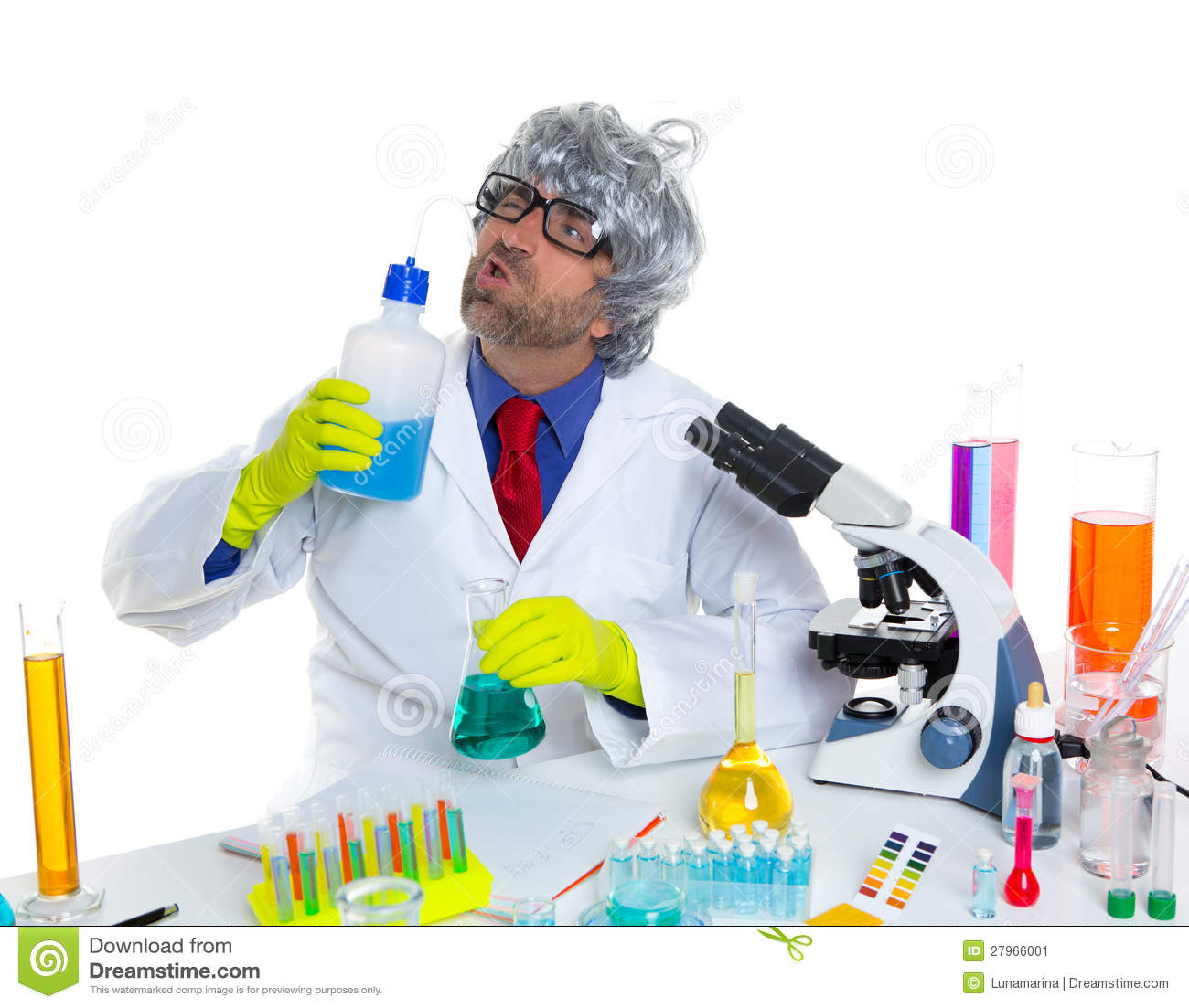 Crazy Silly Nerd Scientist Drinking Chemical Experiment Stock Image