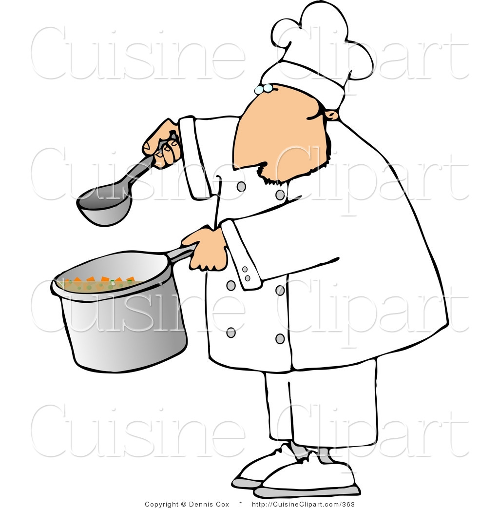 Cuisine Clipart Of A Male Chef Holding A Ladle And Pot Of Soup By