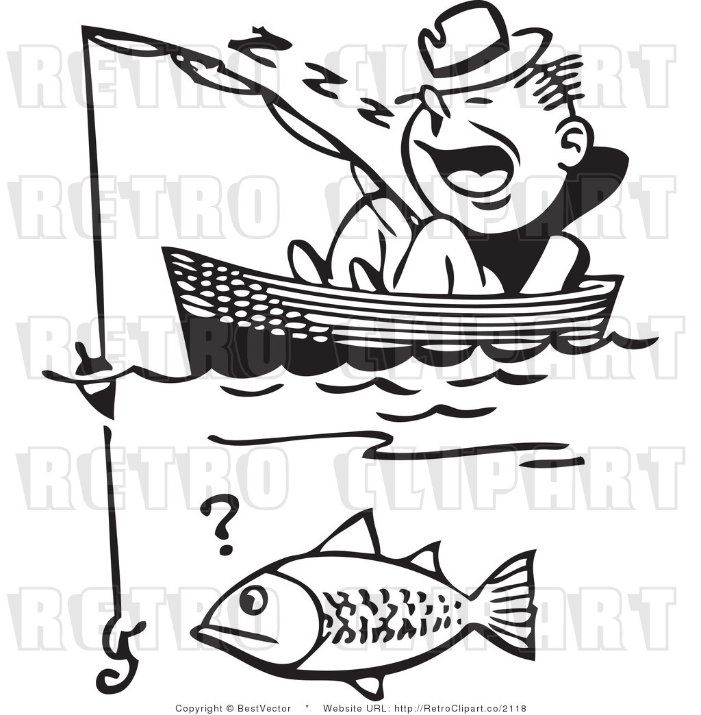 Free Black And White Retro Vector Clip Art Of A Sleeping Fisherman