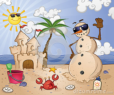 Snowman Made Of Sand At A Beach Resort With Beach Gear And A Big Sand    