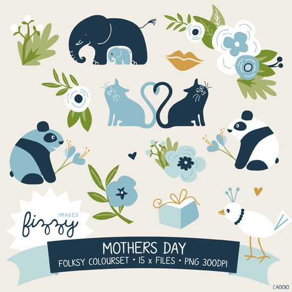 15 X Cute Animals And Flower Clip Art For Mothers Day In Folksy Colour