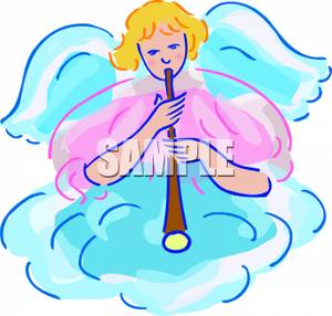 Angel Blowing A Trumpet From A Cloud   Royalty Free Clipart Picture