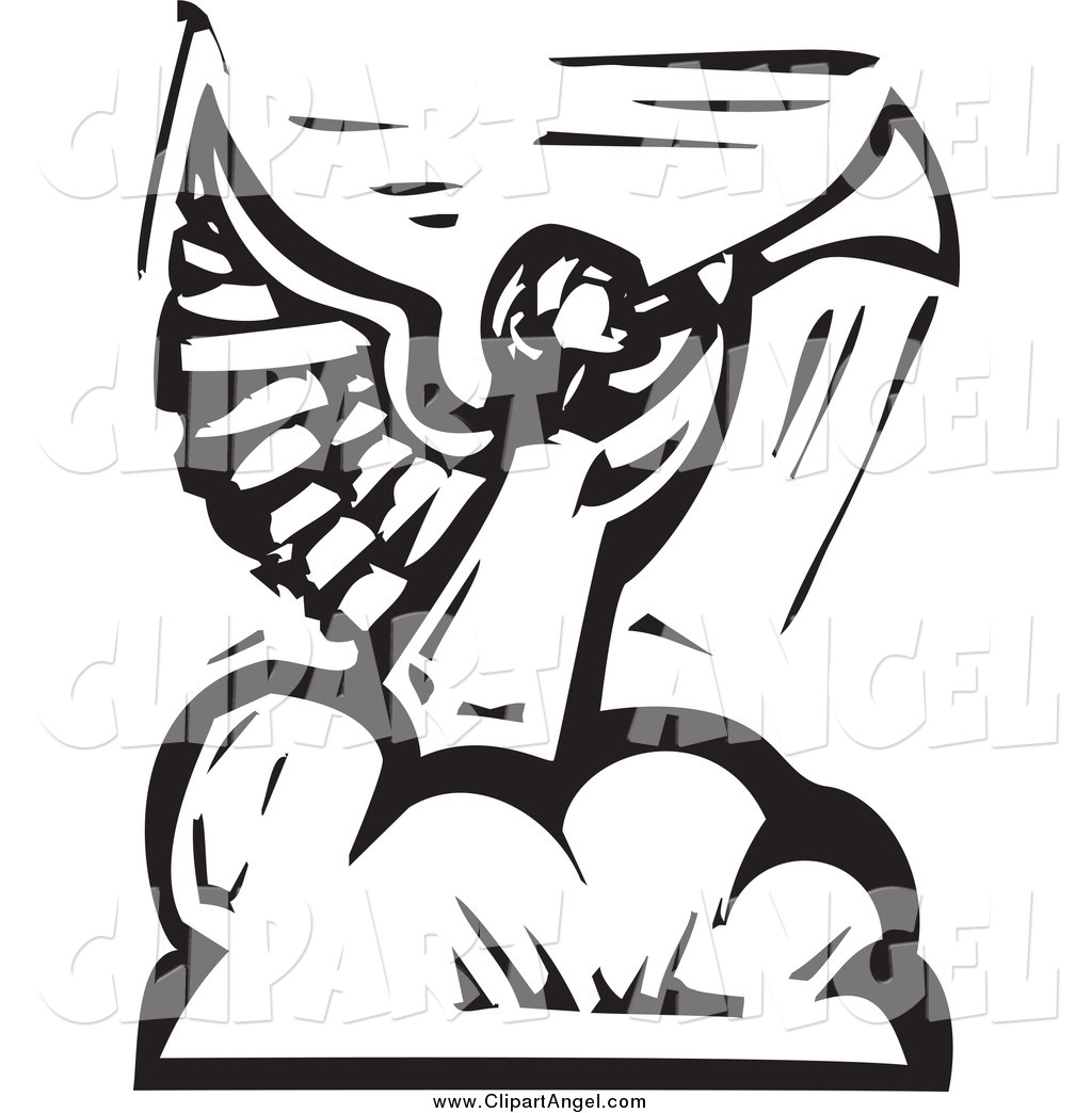 Black And White Angel Blowing A Trumpet On A Cloud Singing Angel    