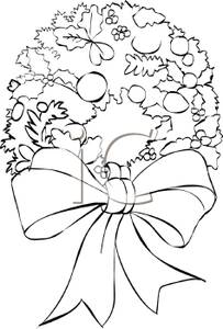 Black And White Cartoon Christmas Wreath With Leaves Berries And A Bow