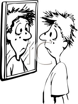     Black And White Cartoon Of A Kid Looking At His Pimples In A Mirror
